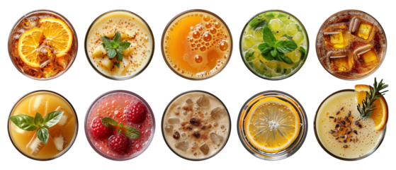Cocktails top view. Glasses of cold mojito, daiquiri and pina colada cocktail, delicious alcoholic drinks isolated on transparent background. Cut out cocktails view from above