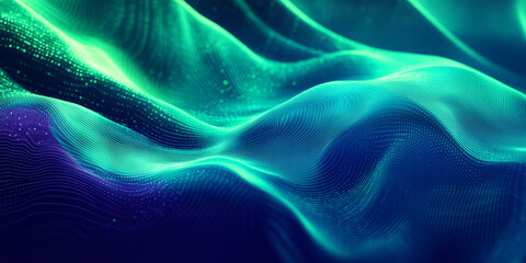 Obraz premium Neon green to electric blue grainy gradient abstract background, noise texture adding a futuristic feel to this vibrant poster or banner header design