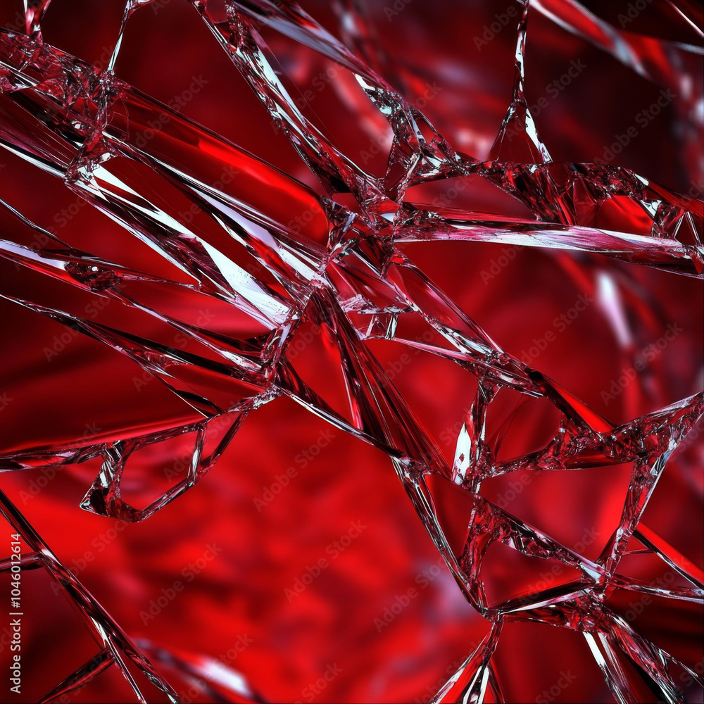 Poster an intricate broken glass texture creating an abstract design against a vibrant red background, with