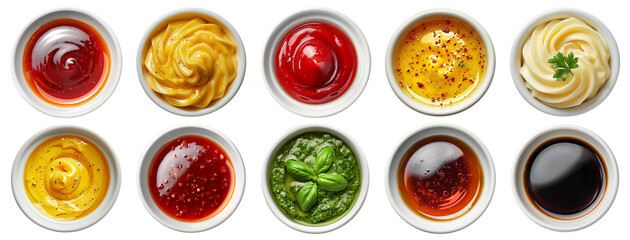 Sauces top view. Bowls with ketchup, mustard, pesto sauce, soy and hot sauce, mayo and worcestershire sauce isolated on transparent background. Cut out sauces view from above