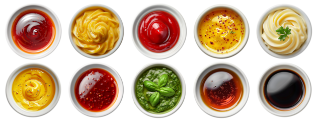 Sauces top view. Bowls with ketchup, mustard, pesto sauce, soy and hot sauce, mayo and worcestershire sauce isolated on transparent background. Cut out sauces view from above