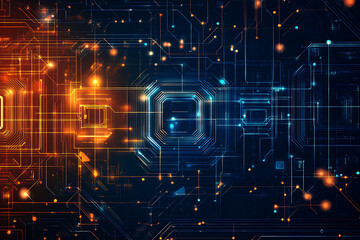 A futuristic circuit board design in festive New Year colors, featuring intricate digital technology elements, glowing lights, and advanced geometric patterns for a modern tech aesthetic.

