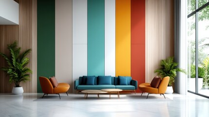 A modern living room showcasing a colorful design concept with vibrant panels, chic furniture, and potted plants, creating a lively and inviting ambiance.