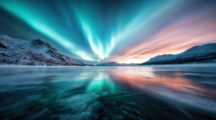 Fototapeta premium The vibrant northern lights dance across the horizon, painting the sky with vivid greens and pinks as they reflect off an untouched, icy expanse, shaping a serene scene.