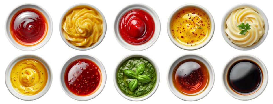 Sauces top view. Bowls with ketchup, mustard, pesto sauce, soy and hot sauce, mayo and worcestershire sauce isolated on transparent background. Cut out sauces view from above