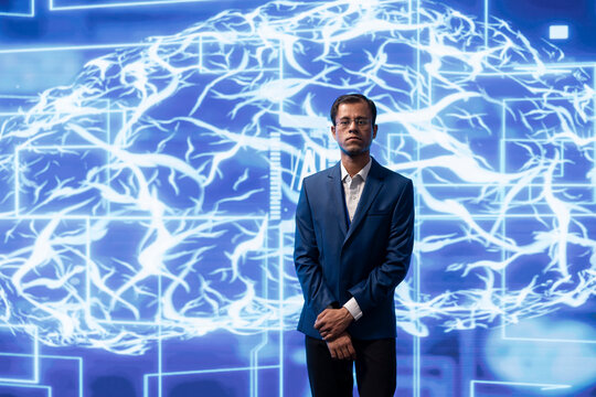 Portrait of skilled technician implementing artificial intelligence parallel processing, breaking up complex computational tasks enabling AI systems to process data faster.