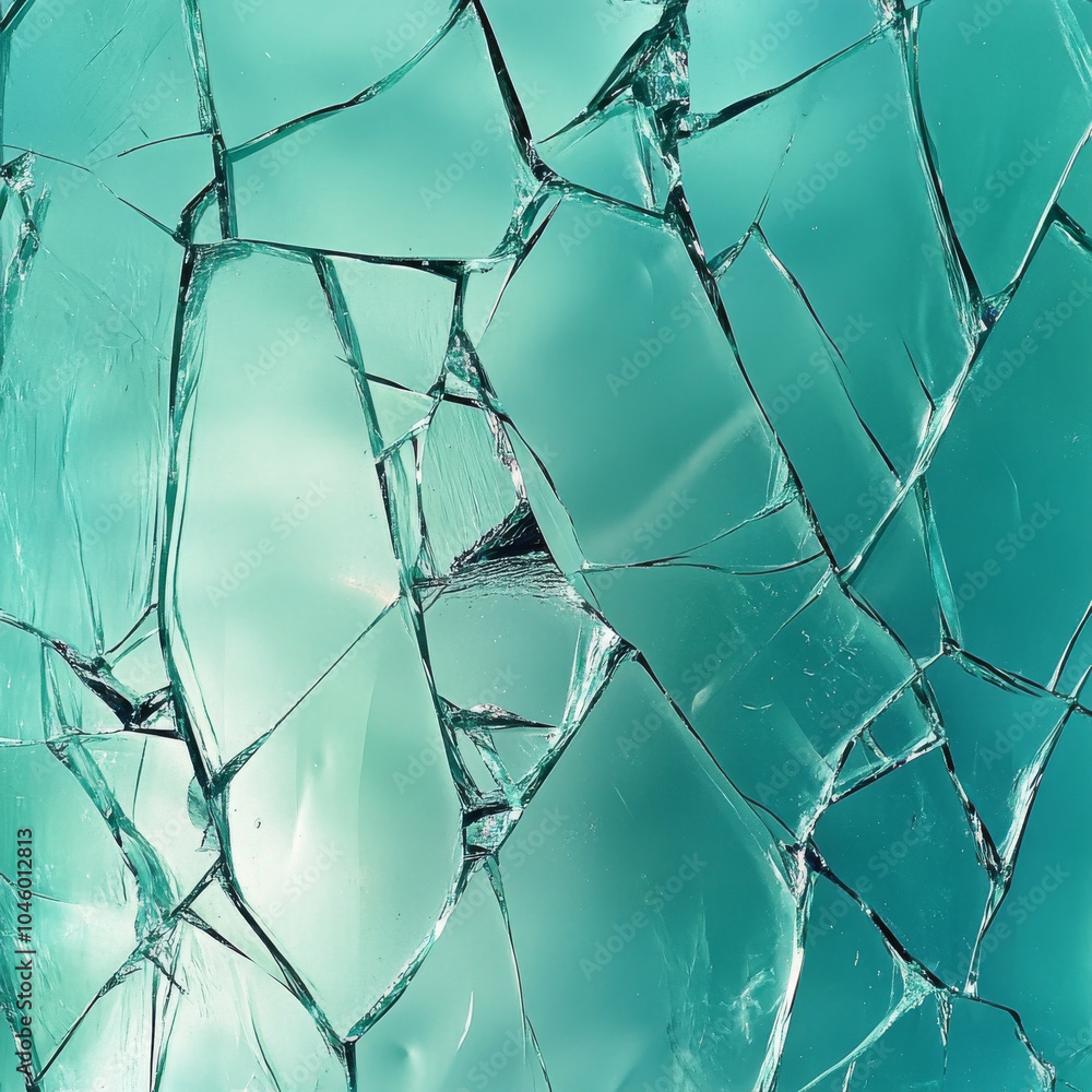 Poster a layered broken glass texture creating an abstract pattern on a cool turquoise background, showcasi