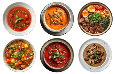 Soup plates top view. Hot pumpkin soup, ramen, borscht, vegetable and mushroom soup, delicious hot dishes isolated on transparent background. Cut out soup bowls view from above