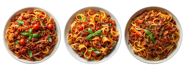 Spaghetti Bolognese plates. Italian pasta with bolognese sauce in white plates, classic italian cuisine dish top view set. Cut out delicious italian food plates
