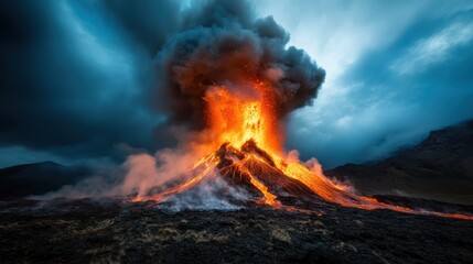 A dramatic volcanic eruption unleashing a powerful stream of molten lava into the air, surrounded by towering clouds of ash and steam.
