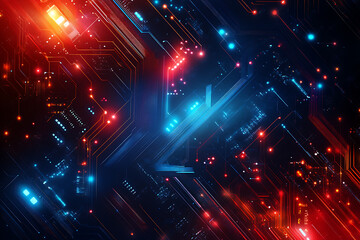 Fototapeta premium A futuristic circuit board design in festive New Year colors, featuring intricate digital technology elements, glowing lights, and advanced geometric patterns for a modern tech aesthetic.