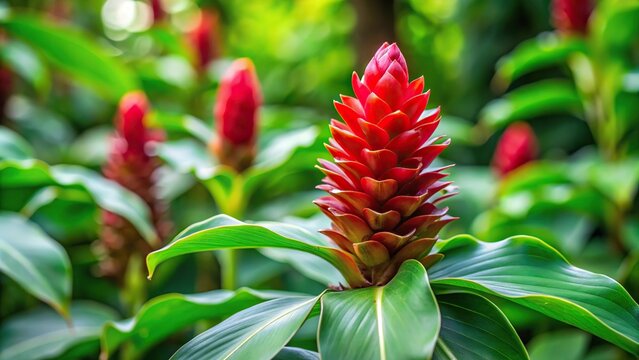 Spiral ginger plant blooming with green leaves