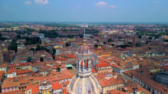Drone view of the city with the Duomo Santo Stefano and Santa Maria Assunta cathedral in the city center. drone. City of a hundred towers. medieval architecture. University. Pavia Italy 10.10.2024