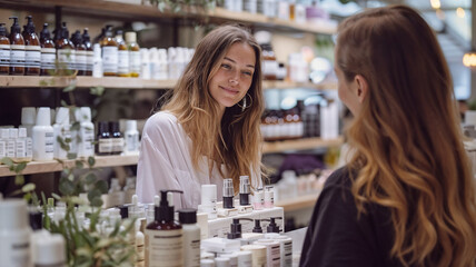 cosmetics store clerk smiling at customer. 