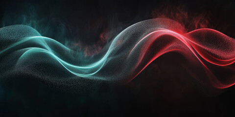 Fototapeta premium Grainy abstract background showcasing a glowing red, teal, and silver color wave against a dark black backdrop, incorporating a noise texture for a striking banner header design
