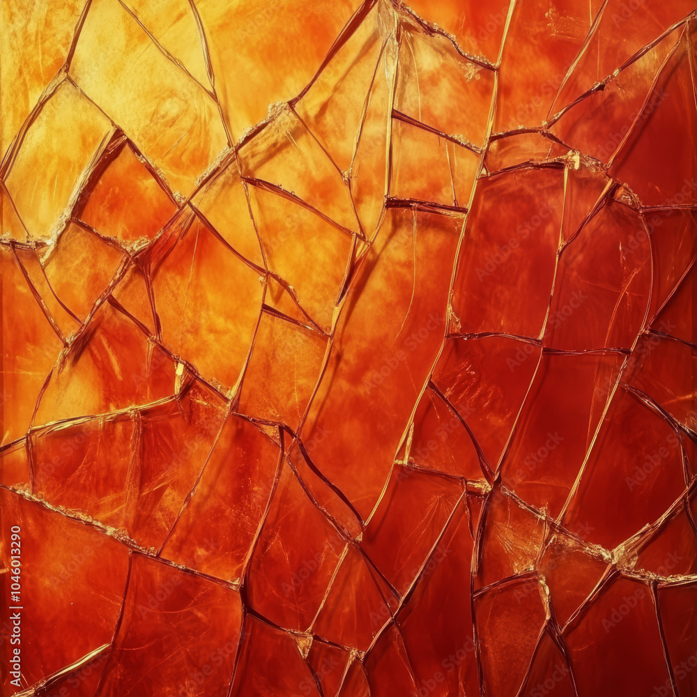 Poster a dramatic broken glass texture creating a striking abstract pattern on a fiery red-orange backgroun