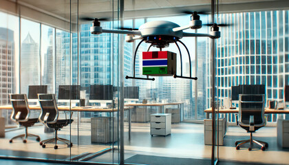 Fototapeta premium A drone delivers a package featuring a Gambia flag in a modern office with glass walls and skyscrapers in the background.