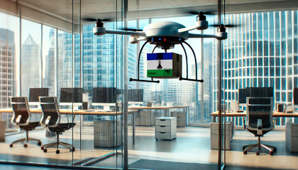 Fototapeta premium A drone delivers a package featuring a Lesotho flag in a modern office with glass walls and skyscrapers in the background.