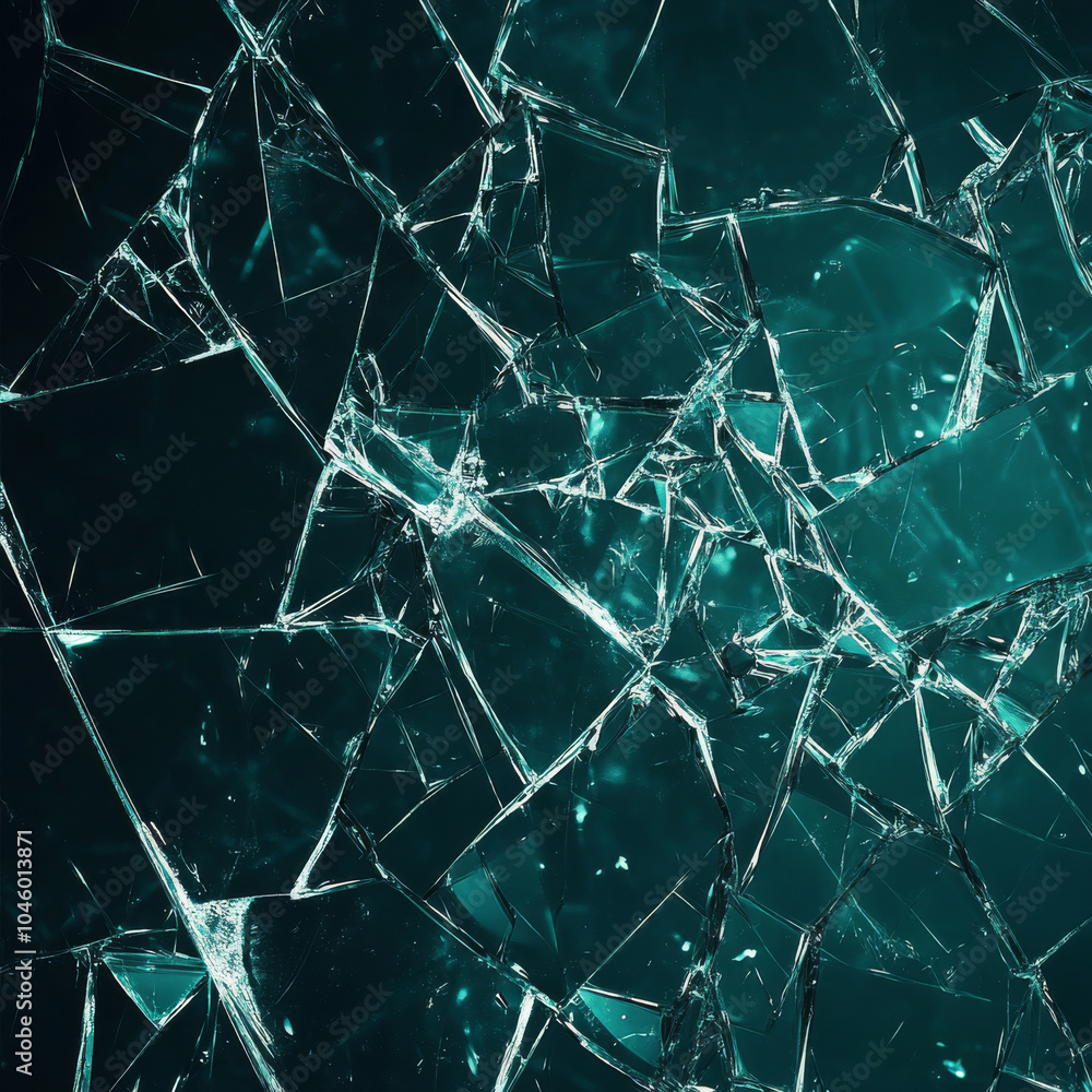 Poster an intricate broken glass texture creating an abstract design on a dark teal background, showcasing 