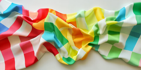 Obraz premium Colorful checkered fabric in bright shades of green, red, yellow, and blue, laid flat on a smooth white surface, emphasizing its playful and vibrant design