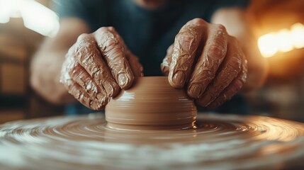 Close-up of a potter's hands working skillfully on a spinning clay wheel, capturing the art of pottery-making, creativity, and craftsmanship under warm studio lighting.
