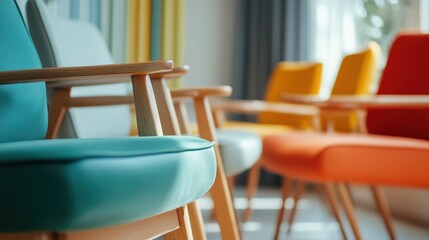 Interiors featuring a colorful lineup of modern chairs, focusing on their sleek design and vibrant hues, creating a lively atmosphere with hints of elegance.