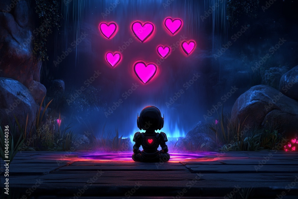 Poster pixel art of a character looking at their reflection in a pixelated world, with pixelated hearts flo