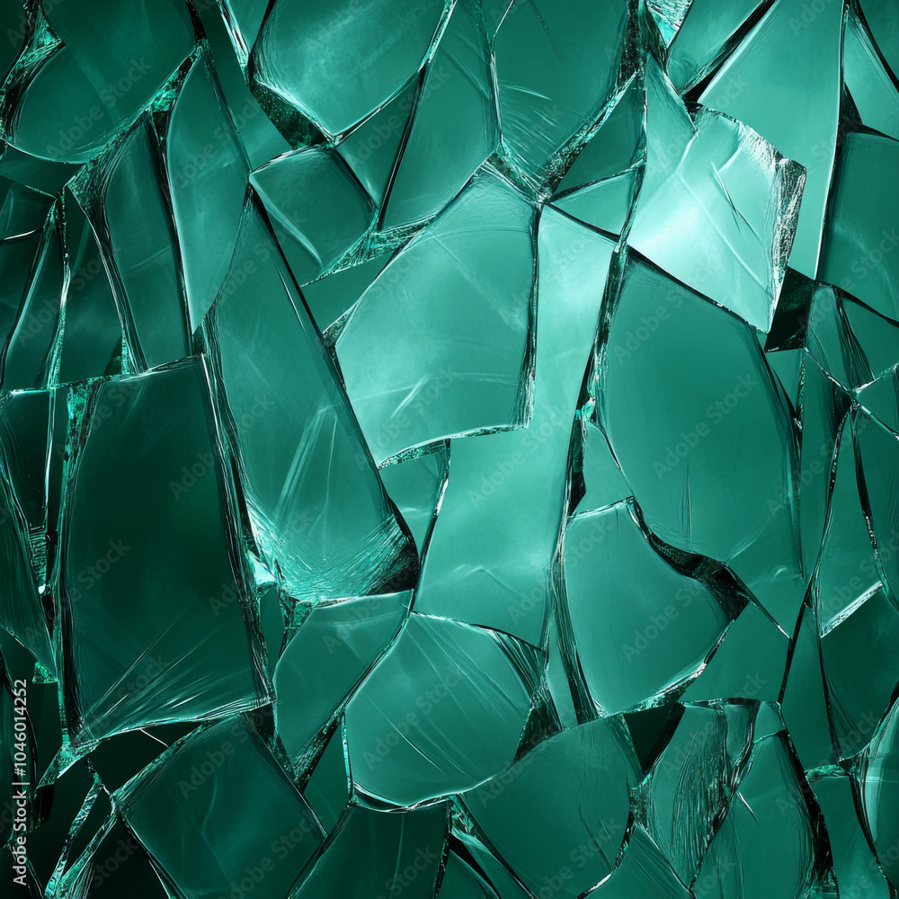 Poster a dramatic broken glass texture creating a striking abstract pattern on a rich emerald green backgro
