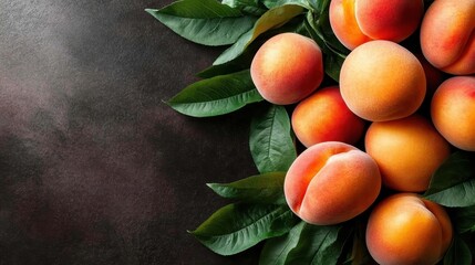 Ripe peaches adorned with green leaves rest on a dark, textured surface, highlighting their rich hues and natural beauty. A pairing of nature and artistry.