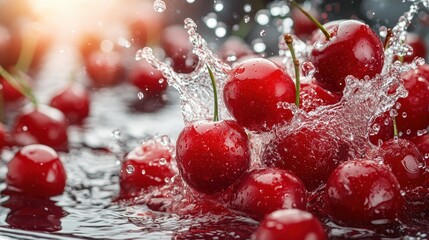 Vivid red cherries are frozen in a dynamic splash of water against a dark backdrop, highlighting their freshness and appealing, juicy texture with lively elegance.