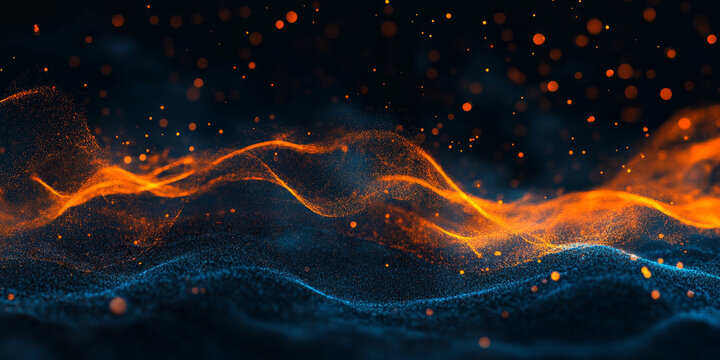 Abstract background, vibrant dark grainy orange blue black glowing dynamic color wave, banner poster header backdrop design featuring fiery orange and electric blue against black