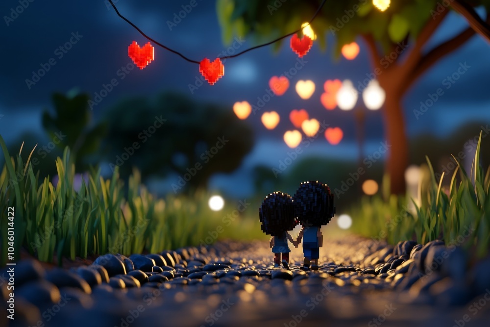 Poster pixel art of two characters walking together in a pixelated landscape, with pixel hearts floating ab