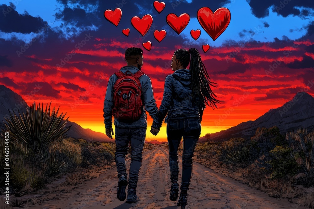 Poster pixel art of two characters walking together in a pixelated landscape, with pixel hearts floating ab