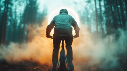 Obraz premium A cyclist is captured from behind, biking into an illuminated forest, symbolizing courage and exploration, merging nature with the adventurer's spirit.