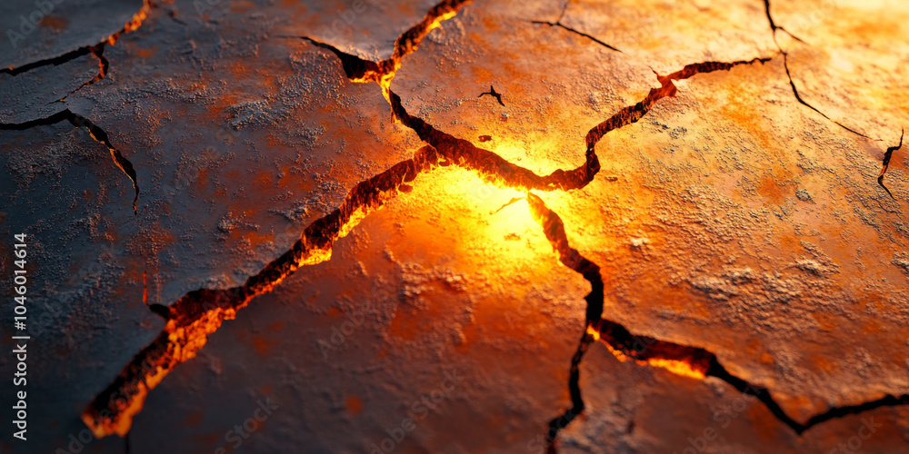 Poster intricate 3d rendering of a rusted metallic surface fracturing, with radiant golden light emerging f