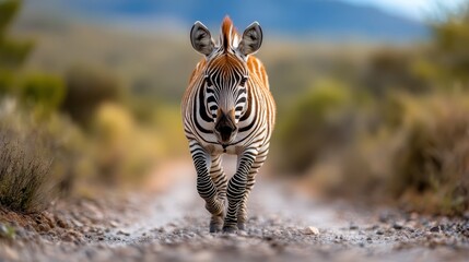 Fototapeta premium A lone zebra gracefully walks down a rocky path in the wilderness, showcasing elegance and independence against a backdrop of natural and serene surroundings.