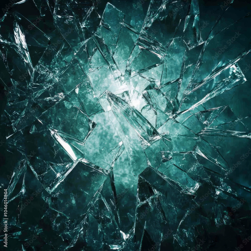 Aufkleber an intricate broken glass texture creating an abstract design on a dark teal background, showcasing 