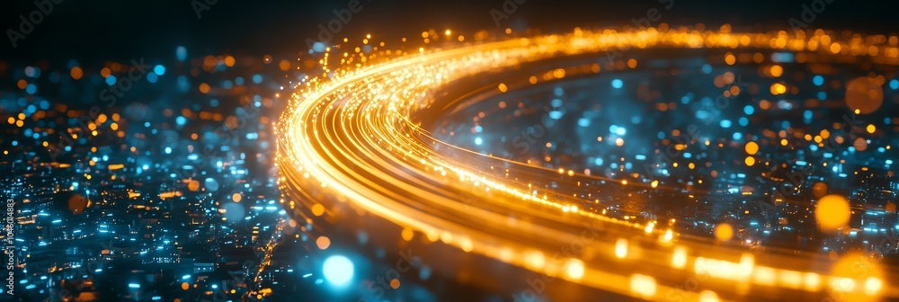 Poster abstract light streaks in circular motion, technology background with light trails and particles