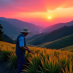 Fototapeta premium Man in a hat standing in a field of tall grass at sunset.
