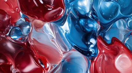 A vivid spectrum of red, blue, and white liquid-like forms merges in a swirling, blended pattern, suggesting a kaleidoscope of emotions and expressions.