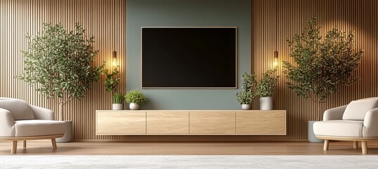 Modern Living Room With Wooden Paneling, Black Frame, Sideboard, Two Elegant Armchairs And Plants