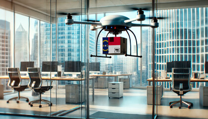 Fototapeta premium A drone delivers a package featuring a North Carolina flag in a modern office with glass walls and skyscrapers in the background.
