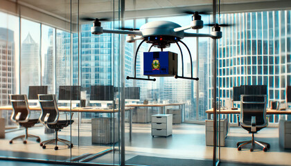 Fototapeta premium A drone delivers a package featuring a Vermont flag in a modern office with glass walls and skyscrapers in the background.