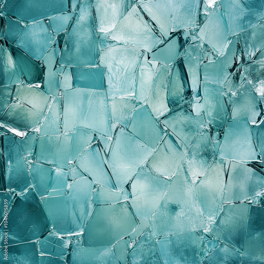 Poster a layered broken glass texture creating an abstract pattern on a cool turquoise background, showcasi