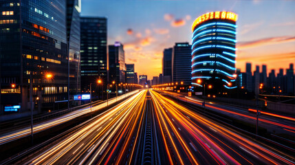Fototapeta premium City skyline at dusk with vibrant light trails and modern skyscrapers.