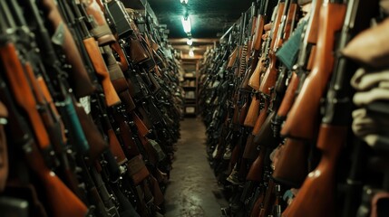 A storage room featuring neatly aligned rifles and military gear, emphasizing the importance of precision, organization, and readiness in a secure environment.