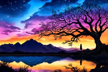 Watercolor depiction of a person standing by a mountain lake at sunrise, capturing the serenity and wonder of living fully in the moment