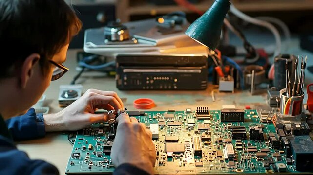 A person is meticulously working on a circuit board in a workshop, surrounded by tools and equipment, highlighting the intricate process of electronics repair and assembly.