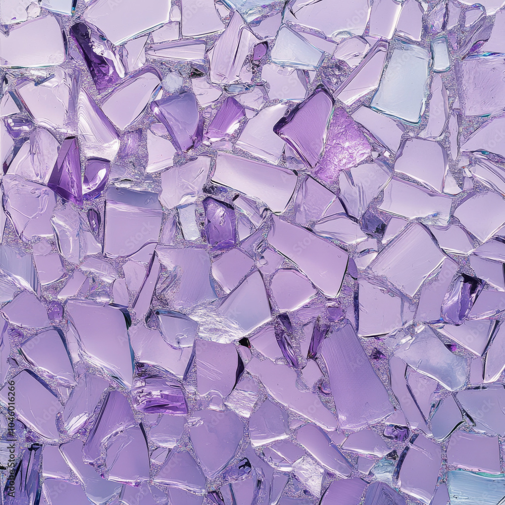 Poster a unique broken glass texture forming an abstract pattern on a serene lavender background, highlight