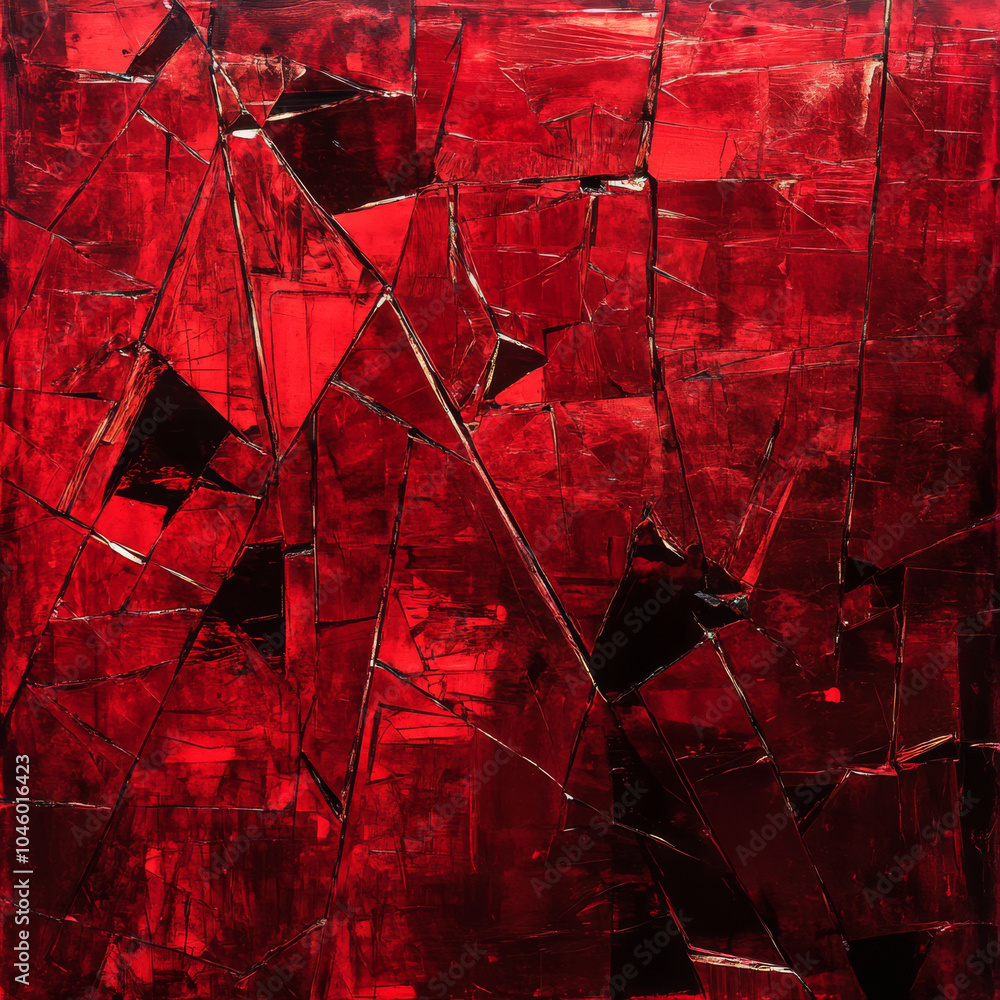 Poster a bold broken glass texture creating an abstract design on a rich crimson background, with sharp con